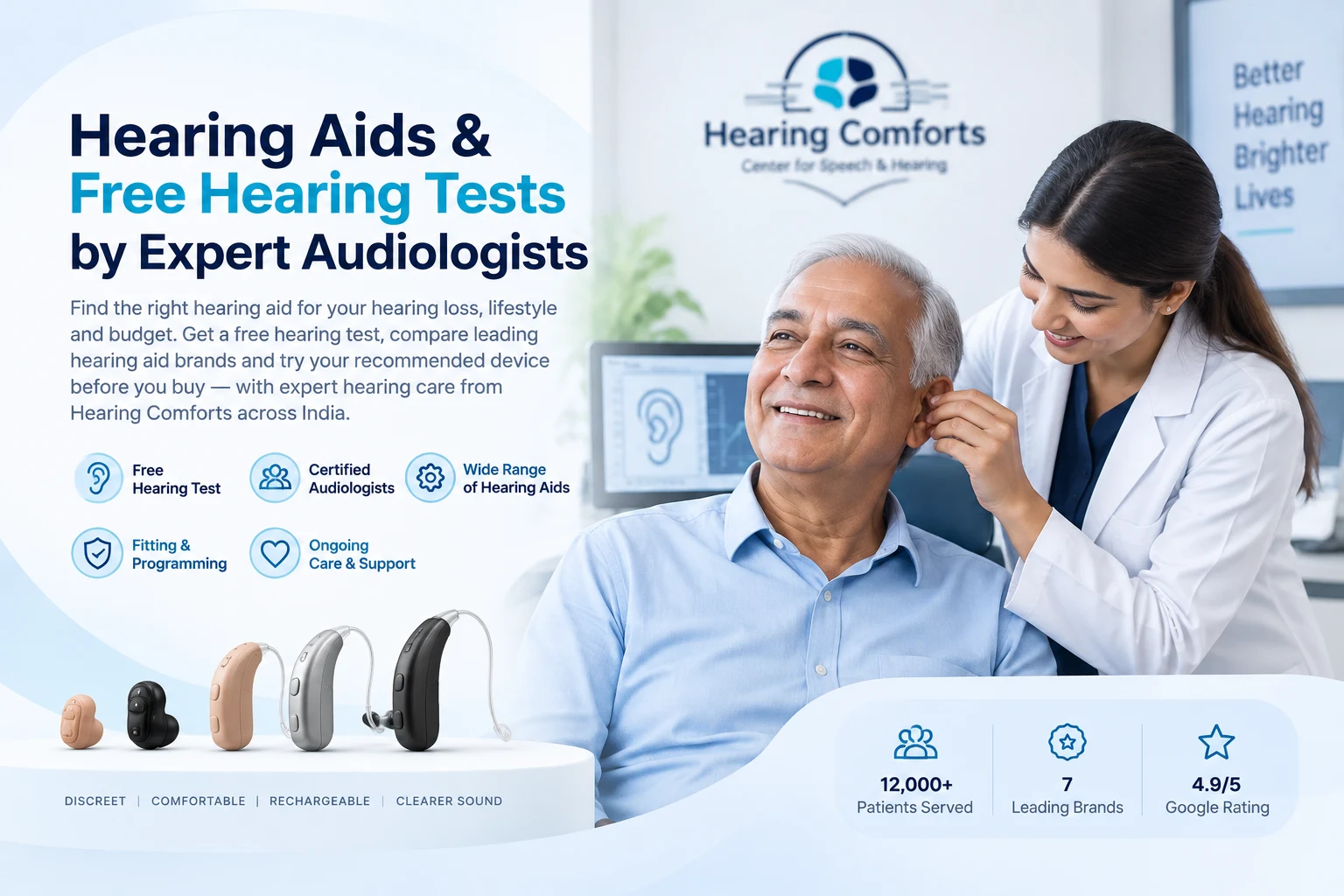 Hearing Aids & Free Hearing Tests by Expert Audiologists at Hearing Comforts — certified audiologists, wide range of hearing aids, fitting, programming and ongoing care