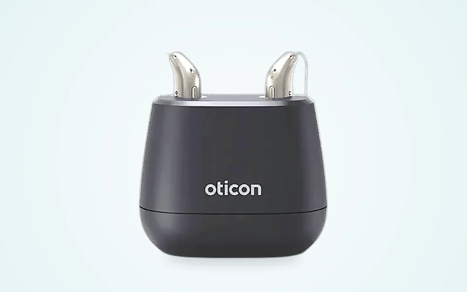 Oticon Intent RIC hearing aids with charging case