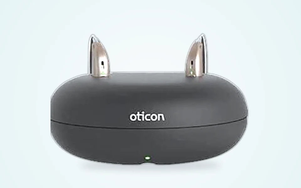 Oticon Zircon RIC hearing aids with charging case