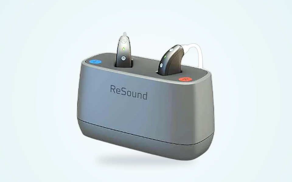 ReSound ONE behind-the-ear hearing aids with charging dock