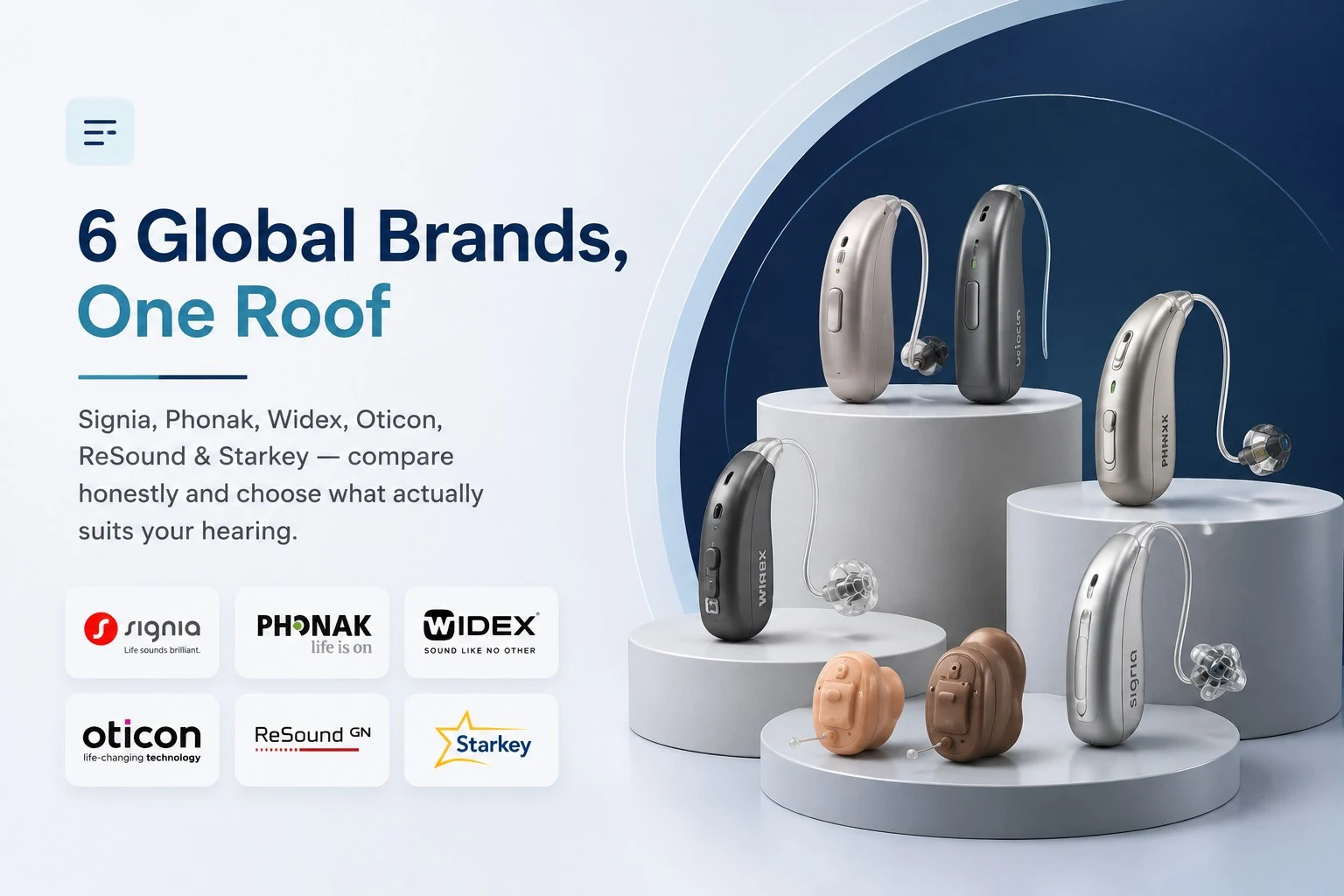 Signia, Phonak, Widex, Oticon, ReSound, Starkey and Bernafon hearing aids — 7 global brands at Hearing Comforts